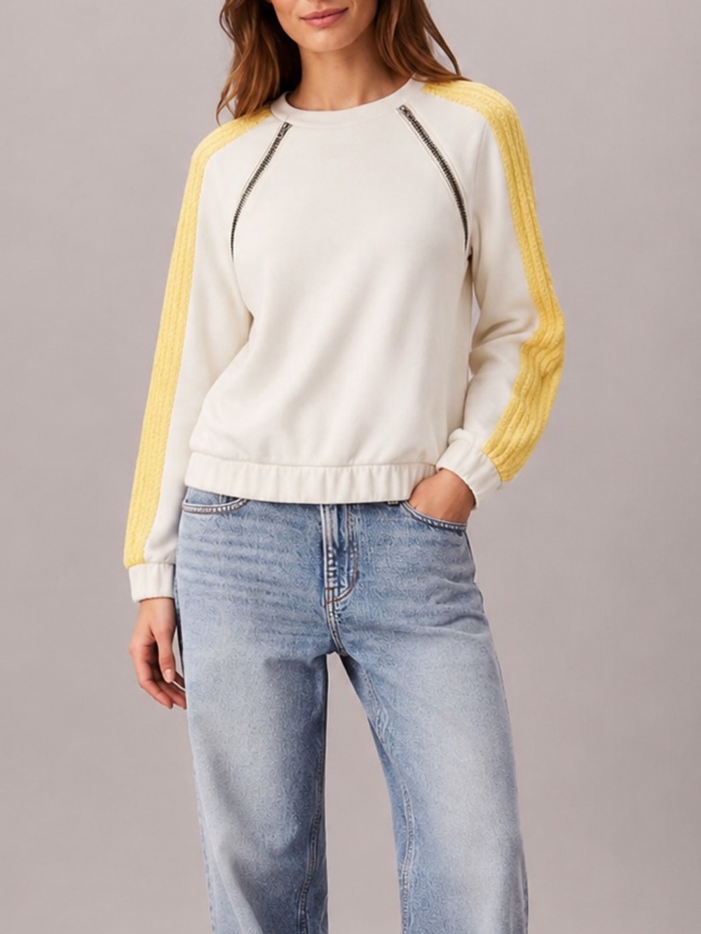 Willow & Clay Boho Cream Pullover Sweatshirt Yellow Embroidered Sleeve S